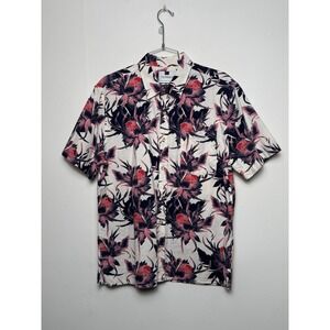 Topman Mens XL Floral Button Up Shirt Short Sleeve White‎ Navy Red Cotton Casual